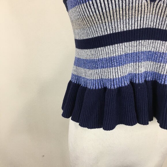 BCBGENERATION Striped Ribbed Stretch Knit Peplum Ruffle Hem V Neck Sweater Top - Picture 8 of 10